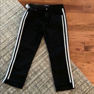 Black crop jeans with silver/gray stripes